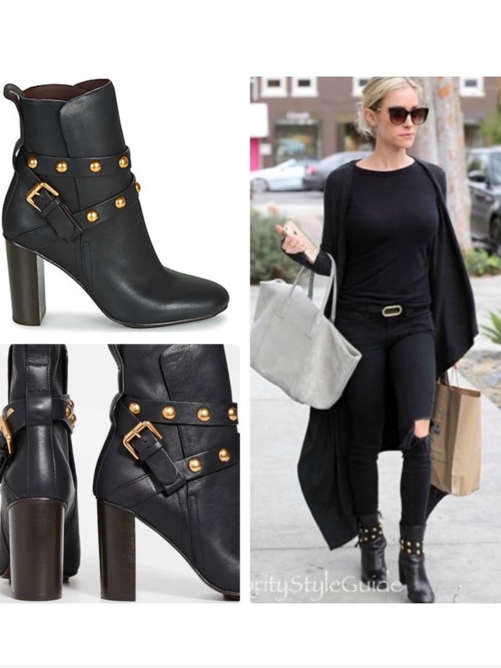 See by Chloe Neo Janis Studded Leather Ankle Boot Heel Black